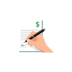 A hand signing a financial document with a pen, signifying a transaction or agreement.