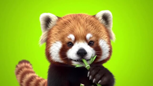 Cute red panda eating bamboo leaves with green background in various expressions