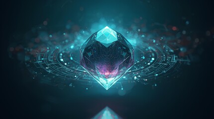 Radiant Multifaceted Gemstone Pulsating with Cybernetic Light, Anchoring a Complex Web of Digital Information and Energy