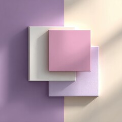 Three pastel squares overlap on a two-tone background