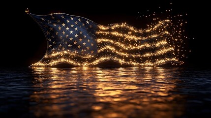 Illuminated American flag waving over a reflective surface at night with sparkling effects