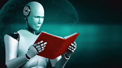 3D rendering of robot hominoid reading book and solving math data analytics in concept of future mathematics artificial intelligence, data mining and 4th fourth industrial automation revolution . - Powered by Adobe
