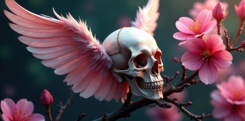 Delicate skull with feathered wings, surrounded by vibrant blossoms , whimsical, painting, soft