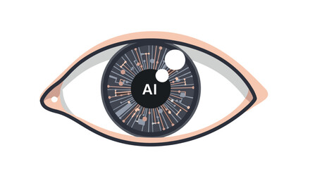 Fototapeta premium A futuristic human eye with an intricate circuit board iris and 'AI' in the pupil symbolizes advanced artificial intelligence and digital vision.