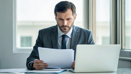 A focused businessman reviews documents at a desk with a laptop, showcasing a professional work environment.