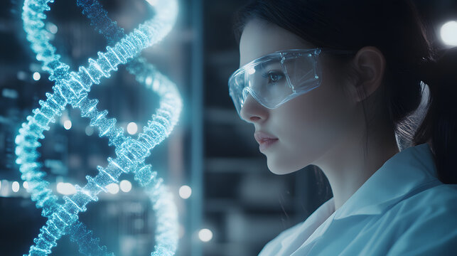 Young female scientist wearing lab coat and safety glasses analyzing glowing holographic DNA model in laboratory, focused and innovative