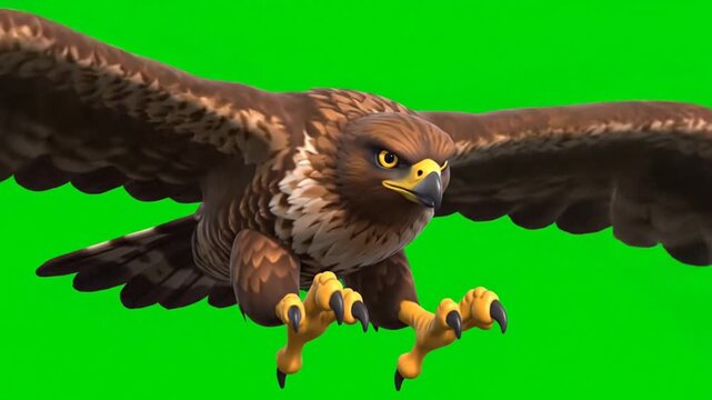 Realistic 3d animation of a brown eagle swooping down with green screen background