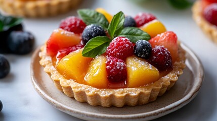 Delicious fruit tart with peach, raspberry, and blueberry on a plate