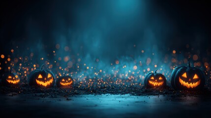 Fototapeta premium Spooky Halloween night scene with lit carved pumpkins glowing amid fog and dark blue atmosphere