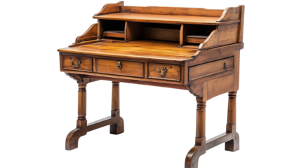 Antique wooden writing desk isolated on transparent background 