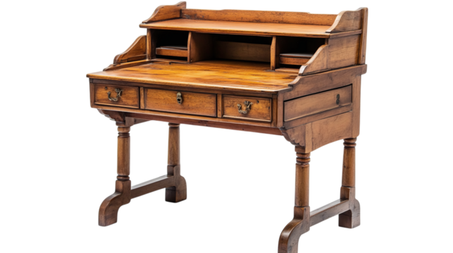Antique wooden writing desk isolated on transparent background 