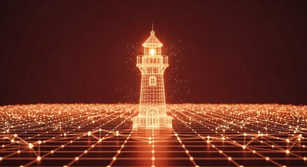 Abstract digital lighthouse guiding through glowing network grid