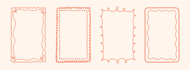 Coquette frames with doodle bows, ribbons. Hand Drawn whimsical line borders for birthday, christmas, wedding Invitations, menu. Vintage minimalist elements template. Trendy isolated Vector illustrati