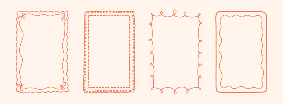 Coquette frames with doodle bows, ribbons. Hand Drawn whimsical line borders for birthday, christmas, wedding Invitations, menu. Vintage minimalist elements template. Trendy isolated Vector illustrati