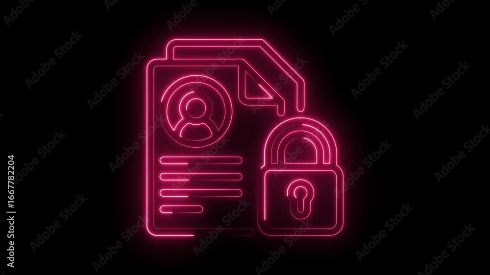 Poster glowing neon pink user profile document lock icon isolated black background security privacy data