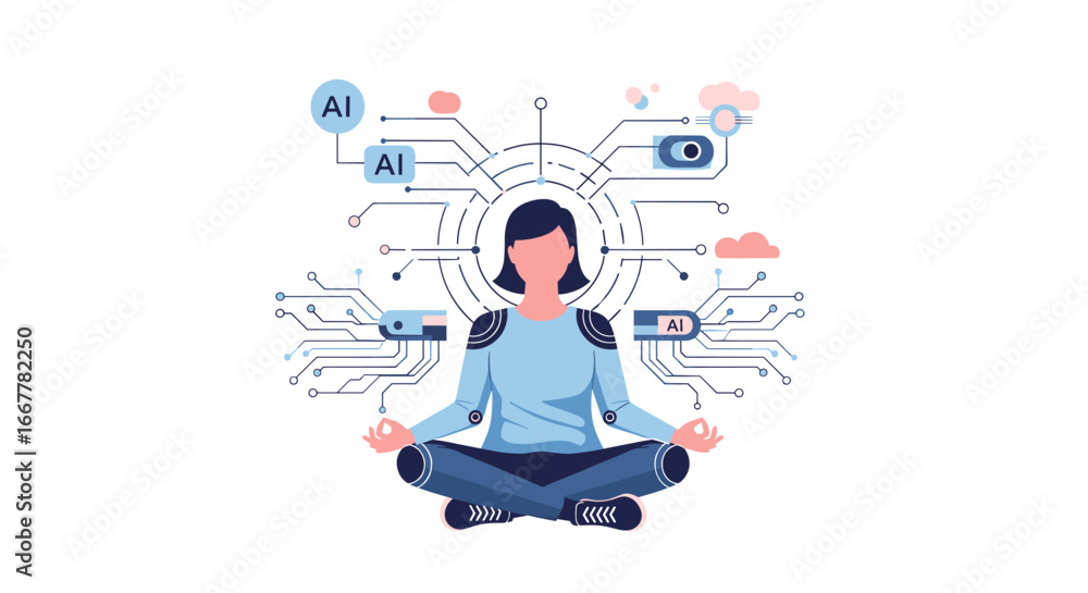 Poster a person meditating surrounded by an intricate network of artificial intelligence and digital techno