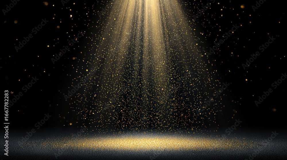 Aufkleber bright golden spotlight shining through dust particles in a dark space creating a sparkling illumina