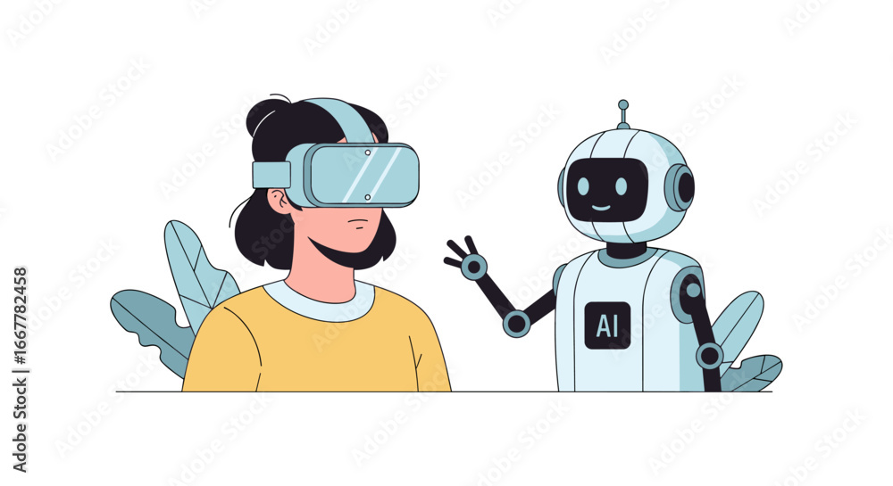 Poster a person explores immersive virtual reality experiences while interacting with an advanced artificia