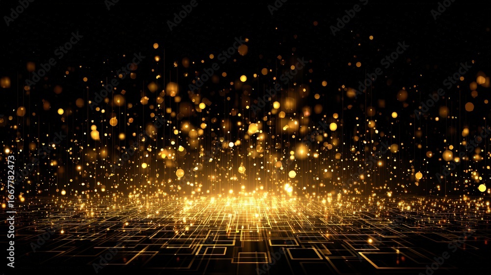 Poster bright golden sparkles and glowing particles over a digital grid creating a futuristic glow effect