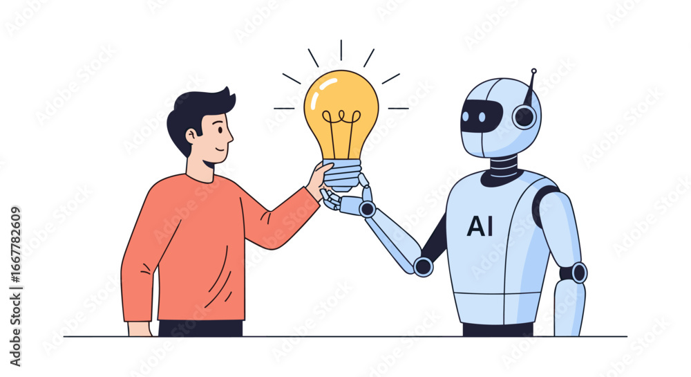 Poster a modern illustration depicts a human and an ai robot collaborating to generate a bright new idea, s