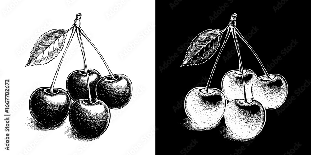 Aufkleber monochrome isolated vector image of cherries, two design variants on transparent and black backgroun