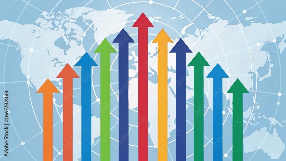 Poster colorful arrows pointing upwards on a world map symbolize growth and progress in various sectors.