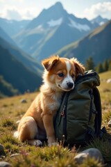 Young dog comfortably nestled in a backpack, mountain vista , nature, forest