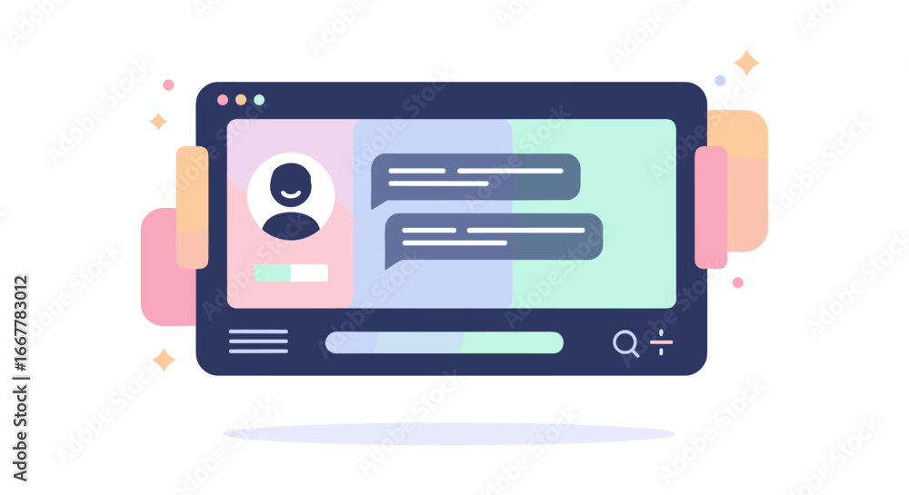 Poster a modern flat design illustration depicts an online chat application interface within a web browser,
