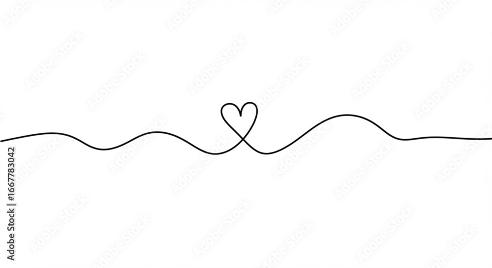 Poster minimalist continuous line drawing of a heart on a wavy line expressing love and connection
