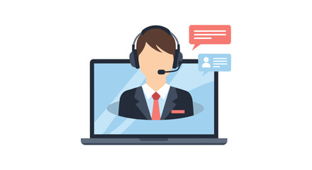 A professional customer service representative provides virtual support and online assistance through a laptop screen, embodying efficient digital communication and remote solutions.