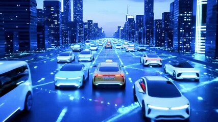 Futuristic cityscape with autonomous vehicles navigating illuminated streets at dusk, showcasing technology
