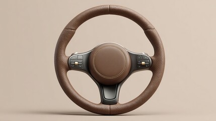 Brown leather car steering wheel, top view, against a beige backdrop