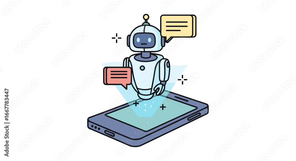 Poster a friendly ai robot emerges holographically from a modern smartphone screen, engaging in digital com