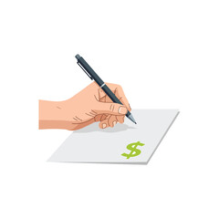 A hand holding a pen writing on a paper with a dollar sign.
