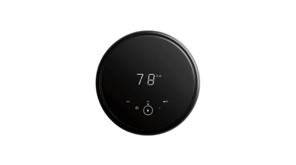 Modern smart thermostat with digital display isolated on transparent background 