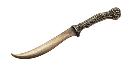 Old-fashioned metal letter opener with curved blade isolated on transparent background 