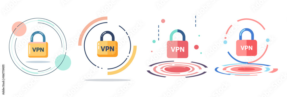 Poster a collection of stylized vpn padlock icons illustrating secure virtual private network connections a