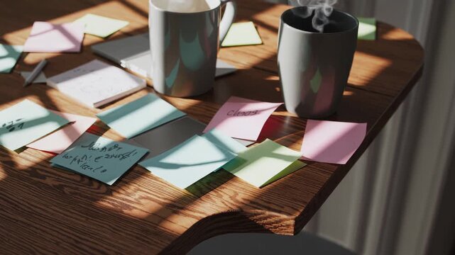 Sunlight warming wooden desk with steaming coffee mug, scattered colorful sticky notes, suggesting productive morning workspace