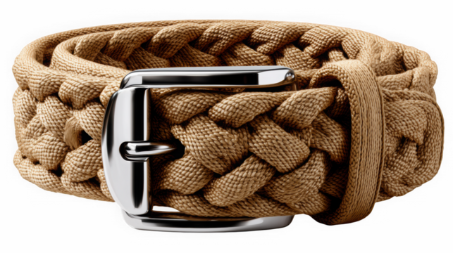 Braided canvas belt tan with metal buckle on black