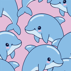 Hand drawn cute dolphin seamless vector pattern, cute ocean animals
