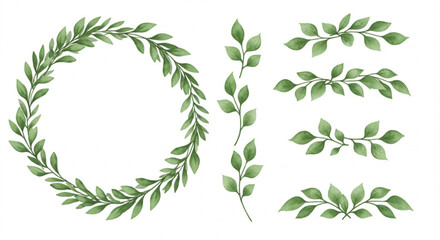 Elegant wreath and branch collection with green leaves for invitations and creative projects, spring nature