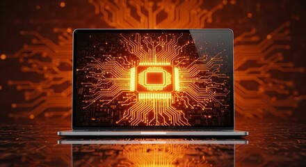 Modern laptop displays glowing circuit board, symbolizing innovation