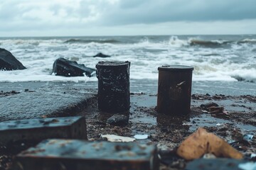 Rusty cans on a stormy beach