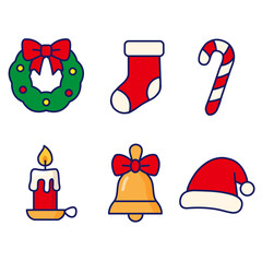 Christmas cute icon set with wreath, stocking, candy cane, candle, bell and Santa hat. Perfect for kids, holiday decoration, sticker, greeting card and seasonal winter celebration design.