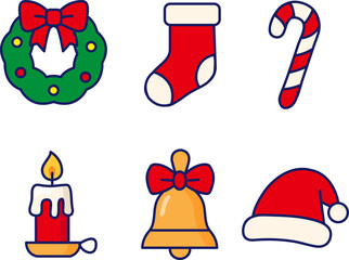 Christmas cute icon set with wreath, stocking, candy cane, candle, bell and Santa hat. Perfect for kids, holiday decoration, sticker, greeting card and seasonal winter celebration design.