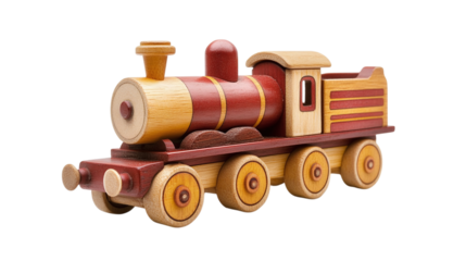 Retro wooden toy train isolated on transparent background 