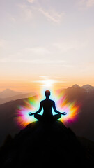 Fototapeta premium Silhouette of a person meditating with a colorful aura at sunrise