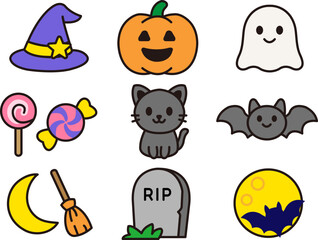 Halloween cute icon set with pumpkin, ghost, witch hat, black cat, bat, candy, broom, gravestone and moon. Perfect for kids, party decoration, sticker, greeting card and seasonal design.