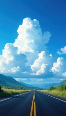 Vast blue sky, fluffy white clouds, dark asphalt , color, bright
