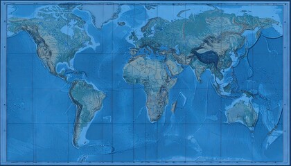 Low Contrast Blue World Map Blueprint Grid Overlay